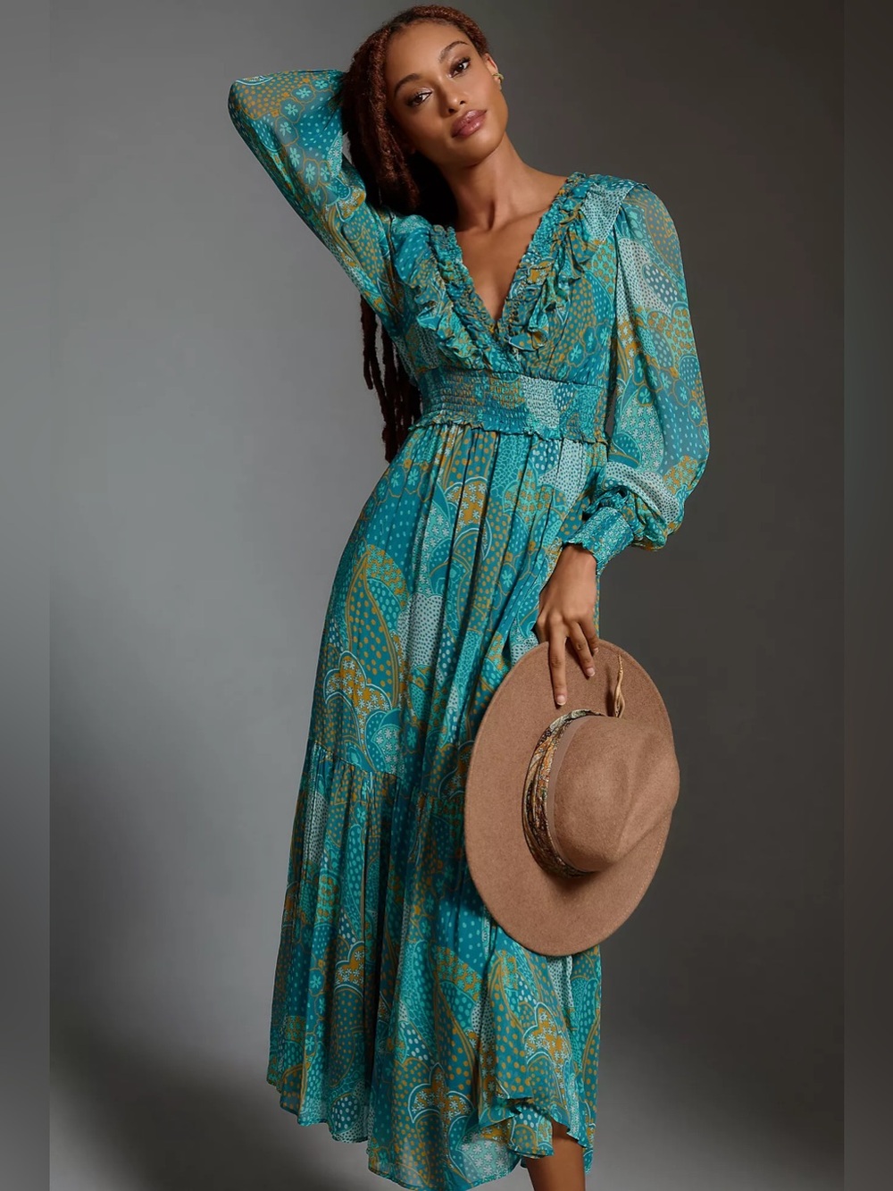 Anthropologie Odetta Ruffled V-Neck midi Dress Teal Gold Boho Mixed Print Small